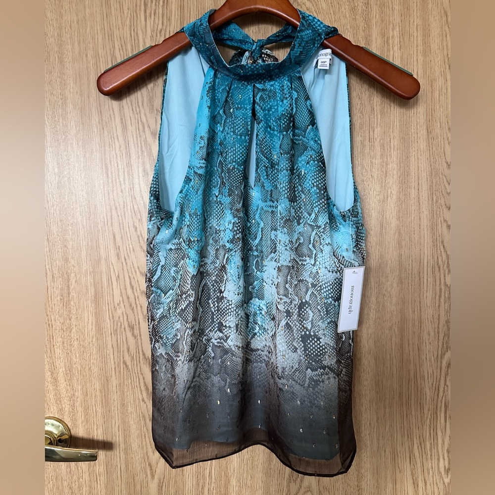 New Monograph Blue/Brown Snake Sheer Sleeveless Back Tie Blouse Women’s 00P